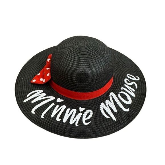 Disney Parks Minnie Mouse Signature Red Bow Floppy Summer Hat Black Straw Adult - Picture 3 of 5